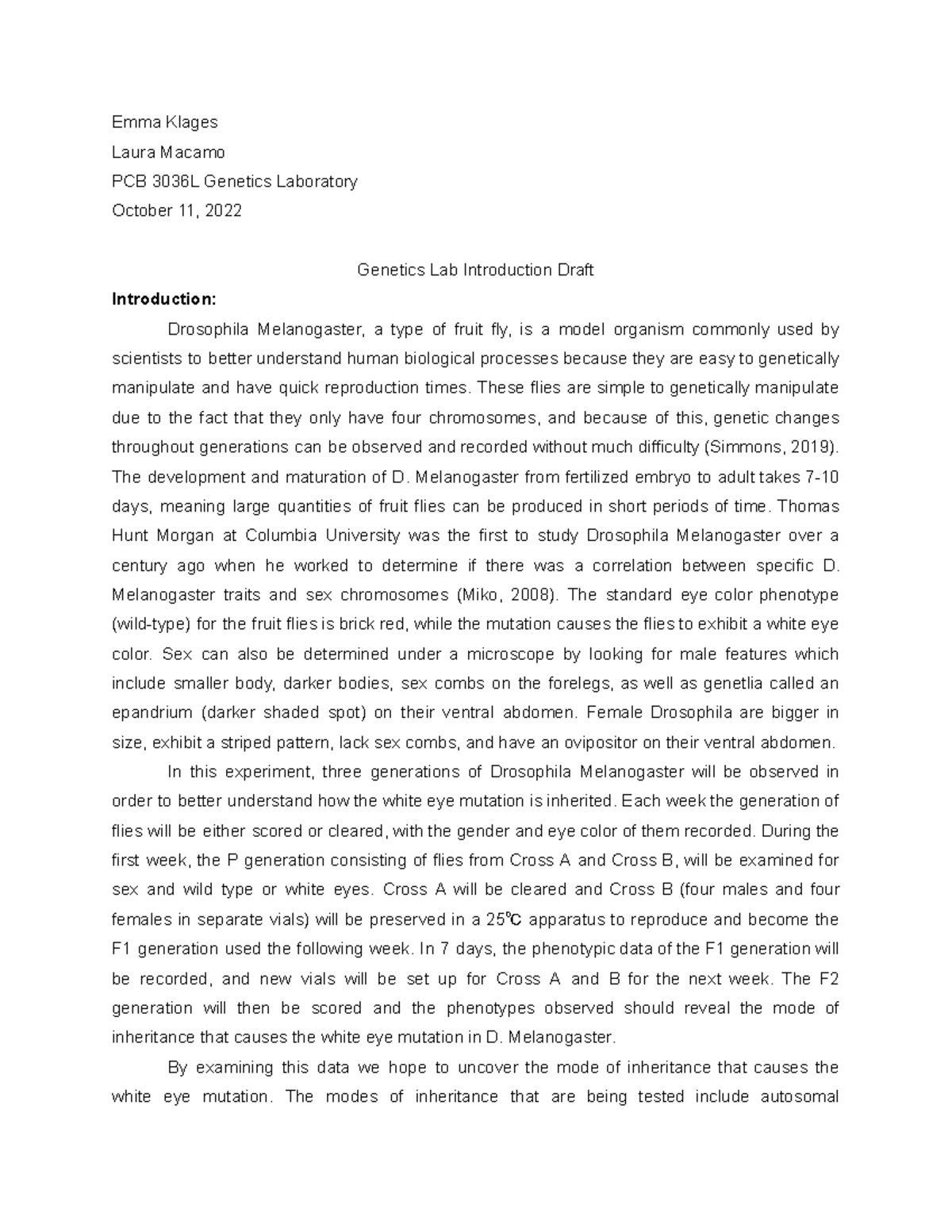 Genetics Lab Introduction Draft - Emma Klages Laura Macamo PCB 3036L ...