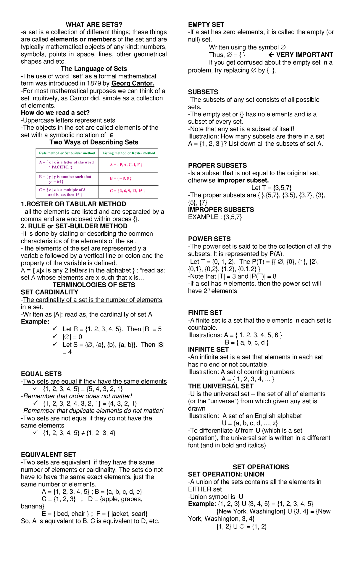 MATH Reviewer Midterms - WHAT ARE SETS? a set is a collection of ...