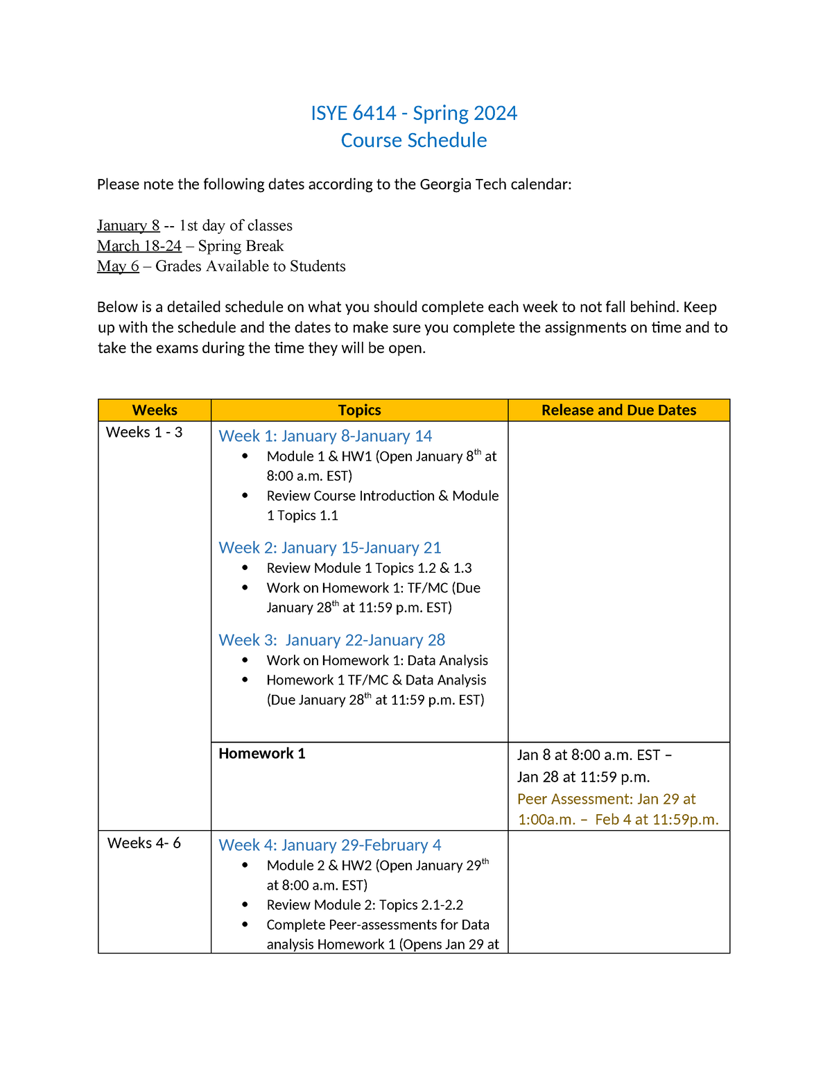 ISy E 6414 Course Schedule Spring 2024 v2 ISYE 6414 Spring 2024