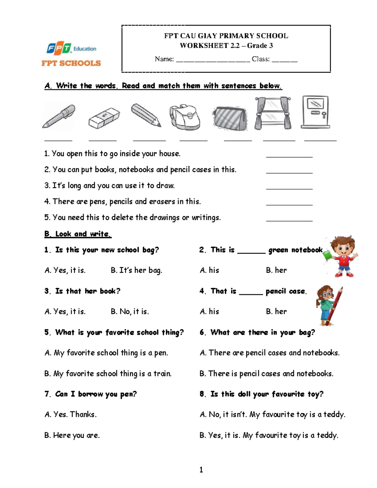 WS 2 - Tiếng ANH - 1 FPT CAU GIAY PRIMARY SCHOOL WORKSHEET 2. 2 – Grade ...