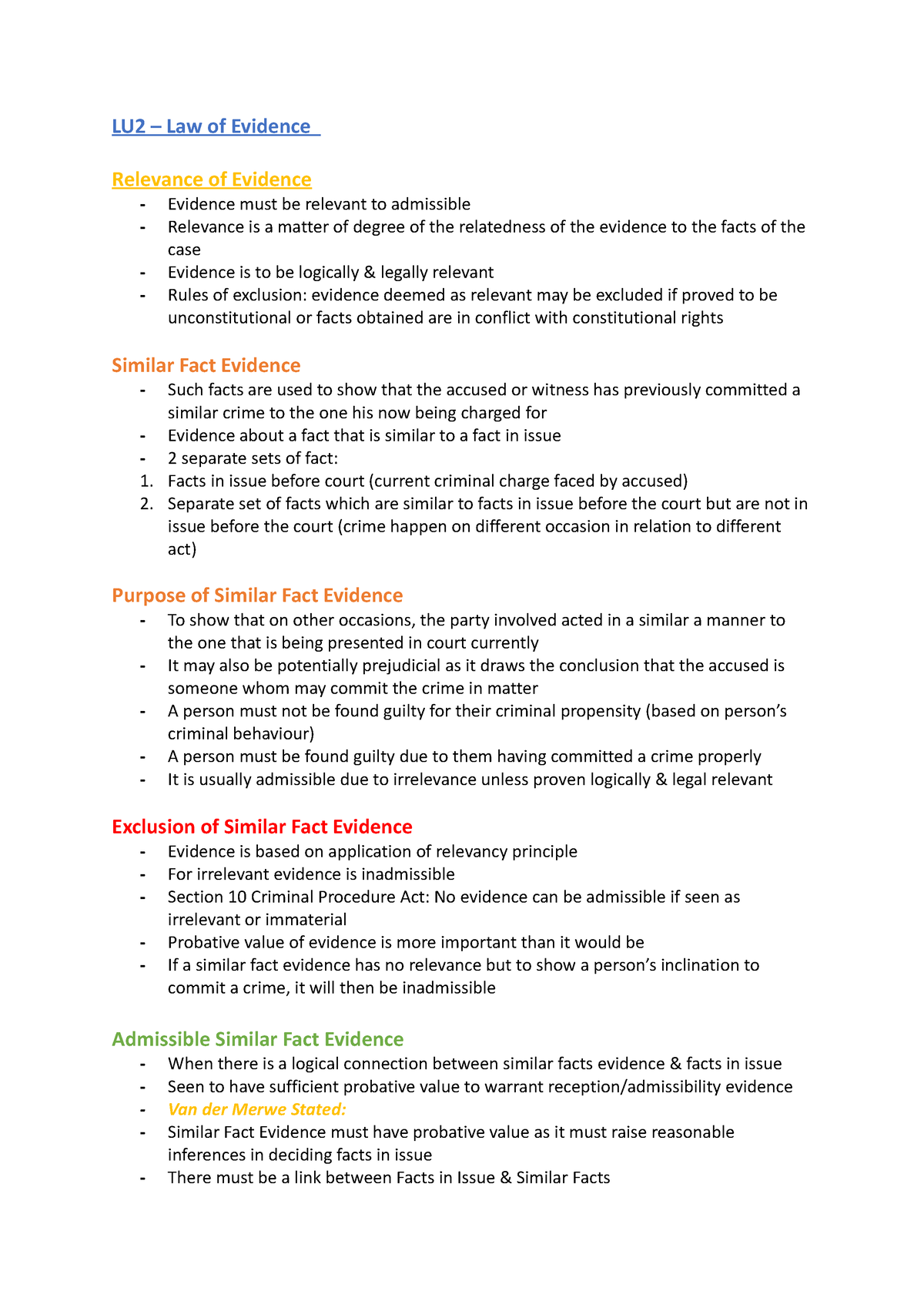 LU2 Part 1 - N/A - LU2 – Law of Evidence Relevance of Evidence ...