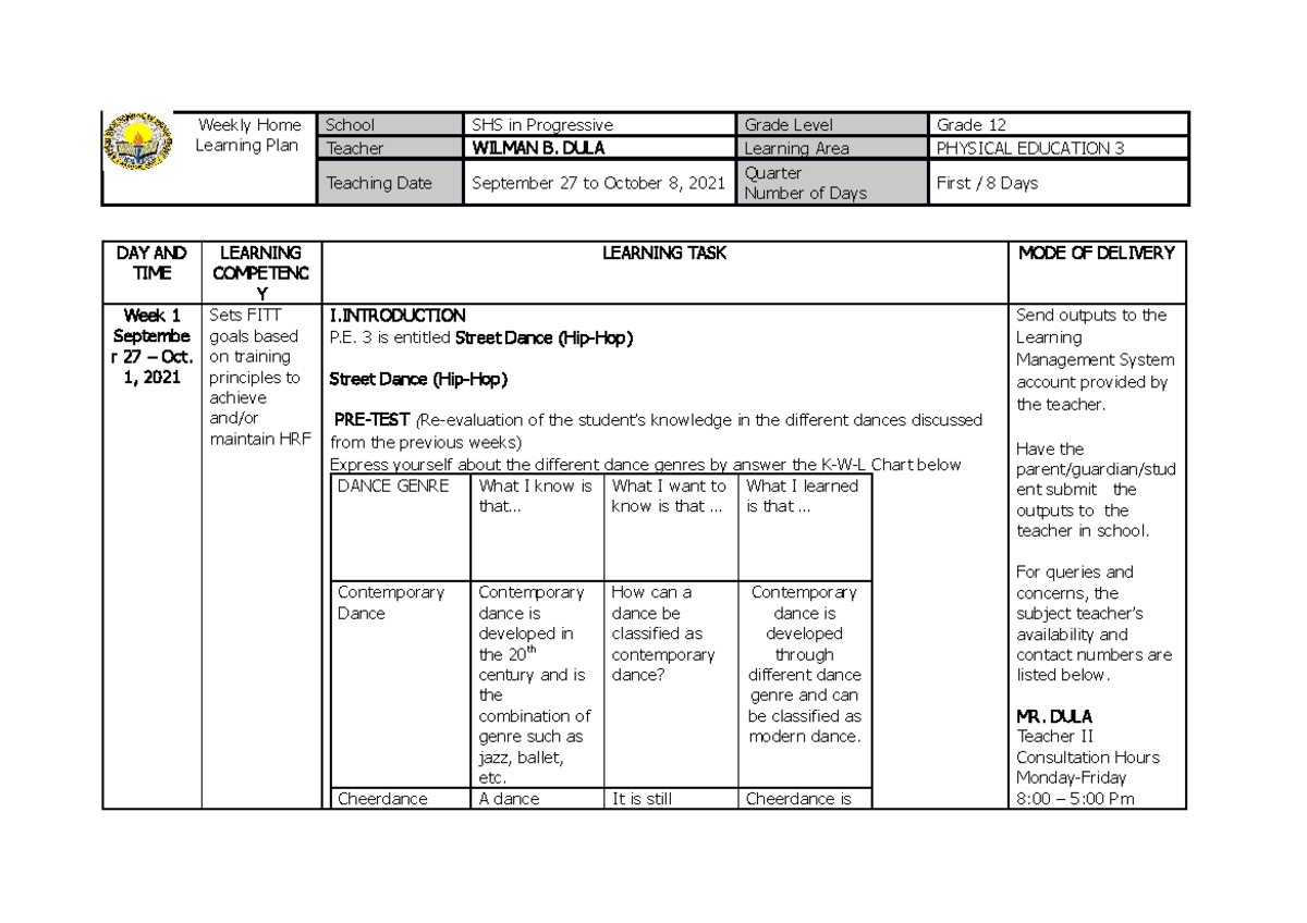 Q1 CORE PE3 12 Weeks 3 - PE MODULE - Weekly Home Learning Plan School ...