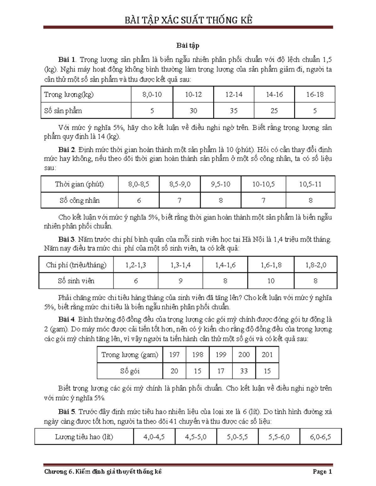 BT chương 6 - okfff - Bài tập Bài 1. Trọng lượng sản phẩm là biến ngẫu ...