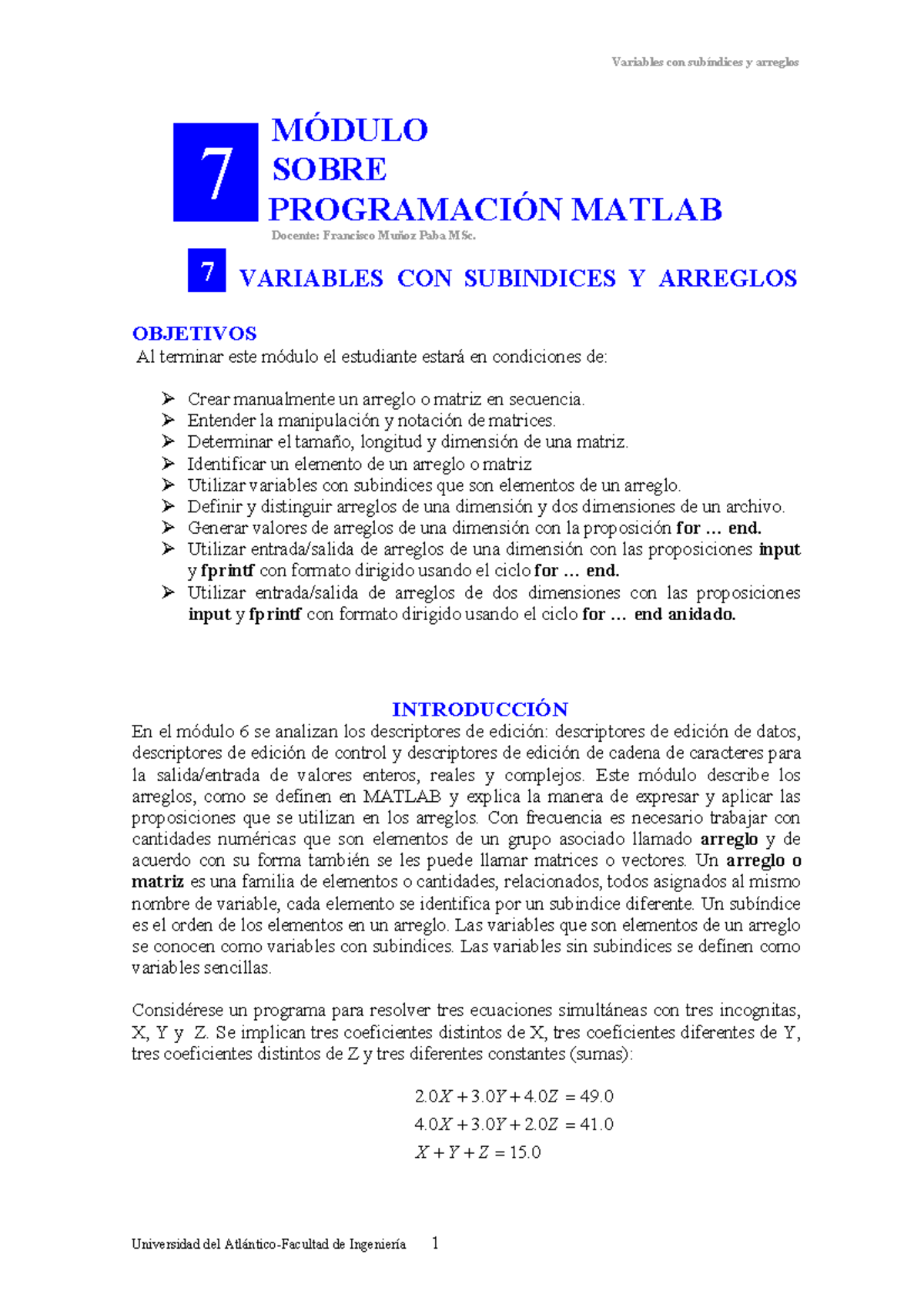 Modulo 7 sobre programacion matlab - ! " # $ % & ' - Studocu