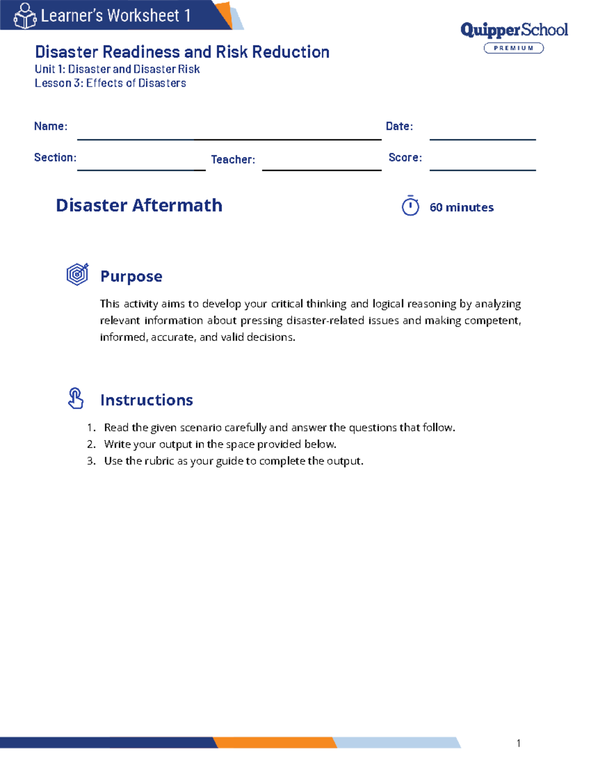 DRRR-11 12-Q1-0103-Effects-of-Disasters-SW1 - Unit 1: Disaster and ...