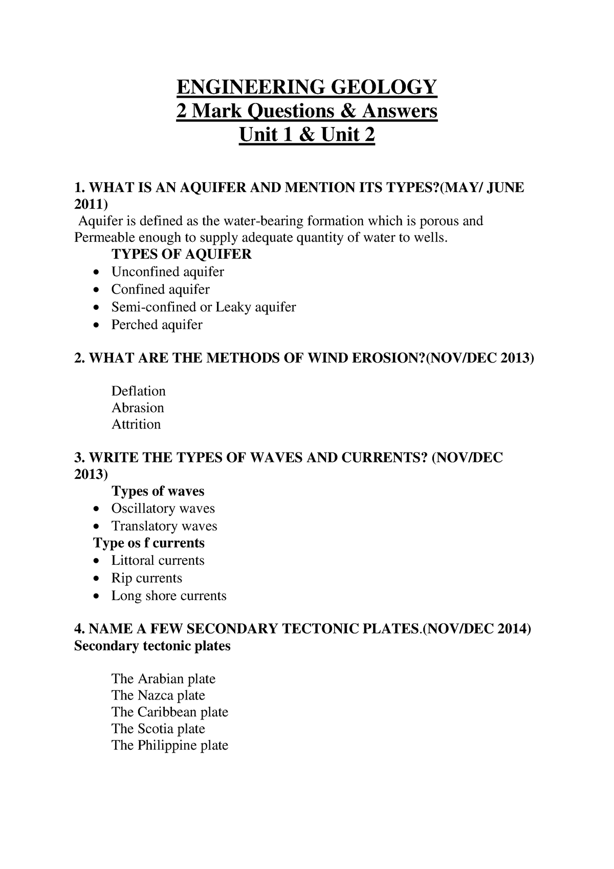 Engineering Geology 2 Mark Questions & Answers Unit 1&2 - ENGINEERING ...