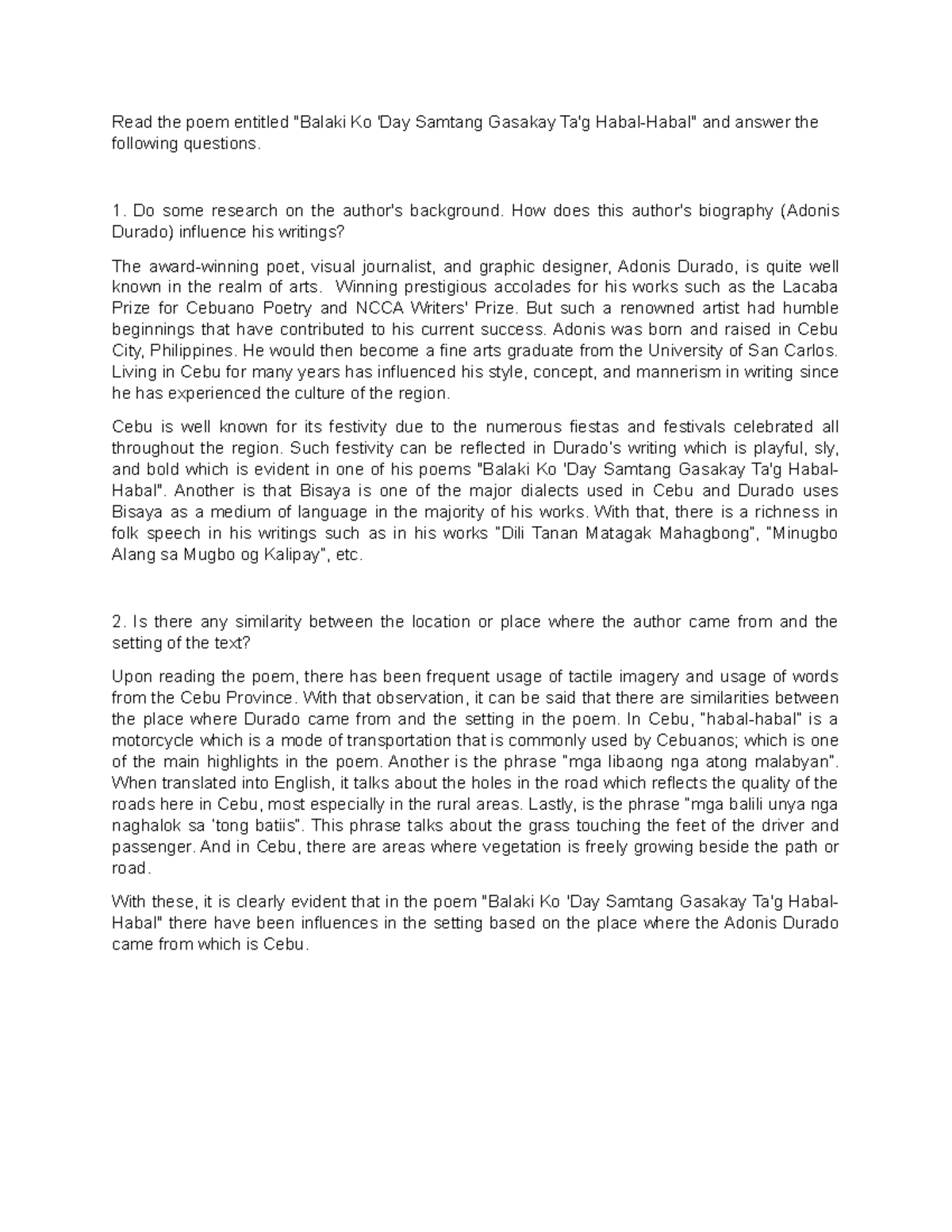 Essay Writing about Adonis Read the poem entitled "Balaki Ko 'Day