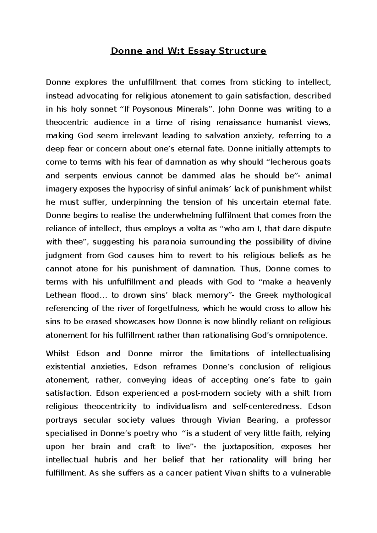 Donne and W;t Essay - Donne and W;t Essay Structure Donne explores the ...