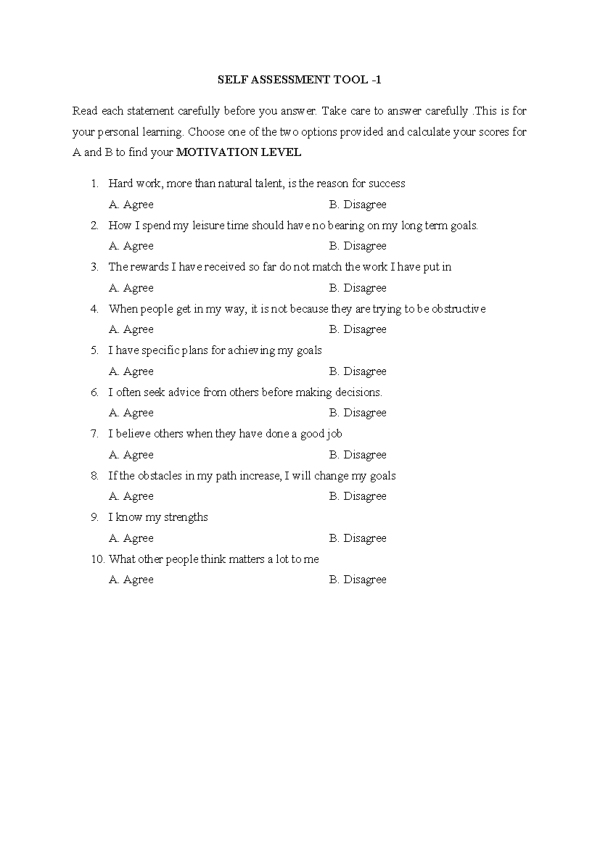 Self assessment tool - PSYCHOMETRIC TEST - SELF ASSESSMENT TOOL - Read ...