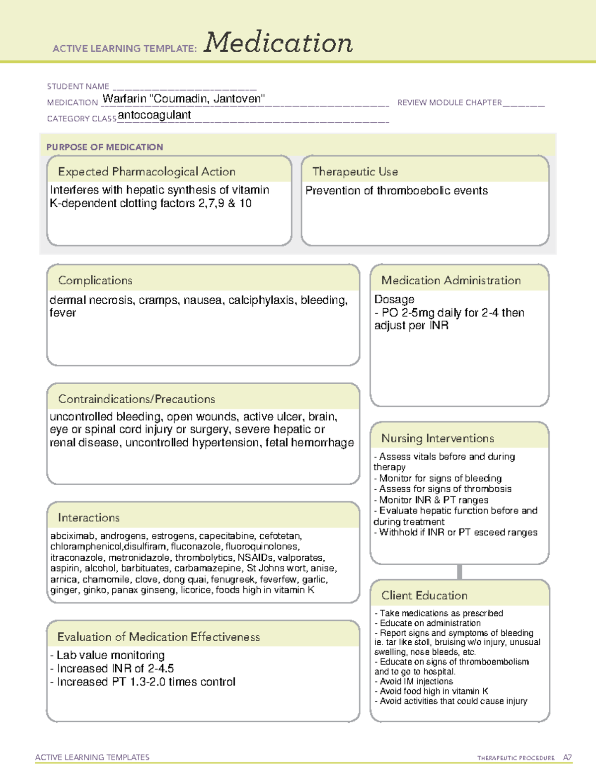 ATI Warfarin Medication Template ACTIVE LEARNING TEMPLATES 