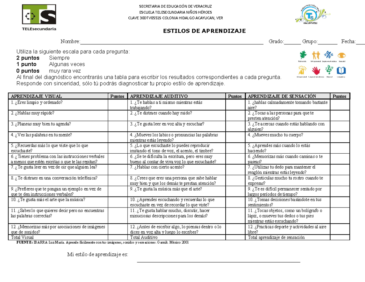 TEST Estilo DE Aprendizaje - SECRETARIA DE EDUCACIÓN DE VERACRUZ