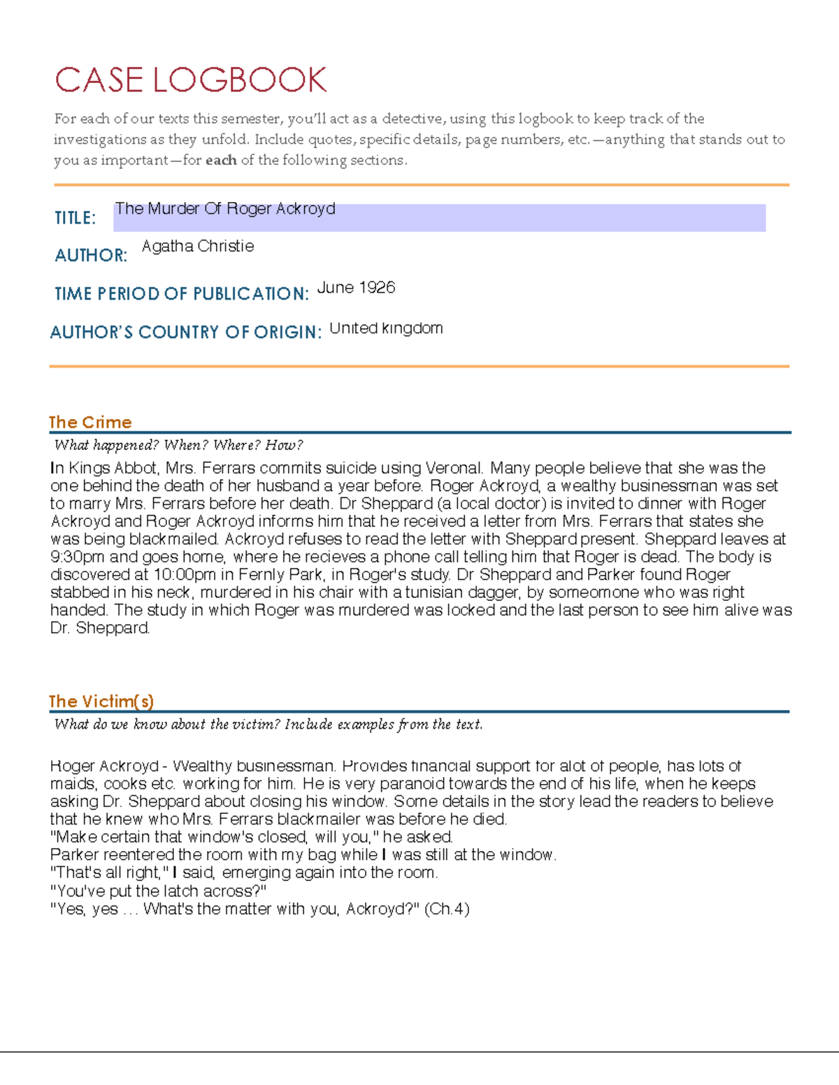 TMRA Case Log Case log CASE LOGBOOK For each of our texts this