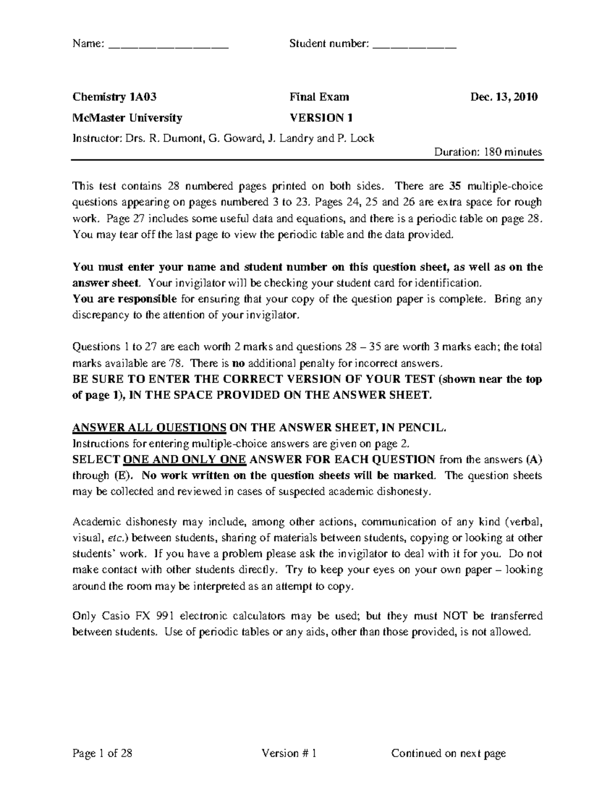 Exam 2010, questions - final, version 1 - Chemistry 1A03 Final Exam Dec ...