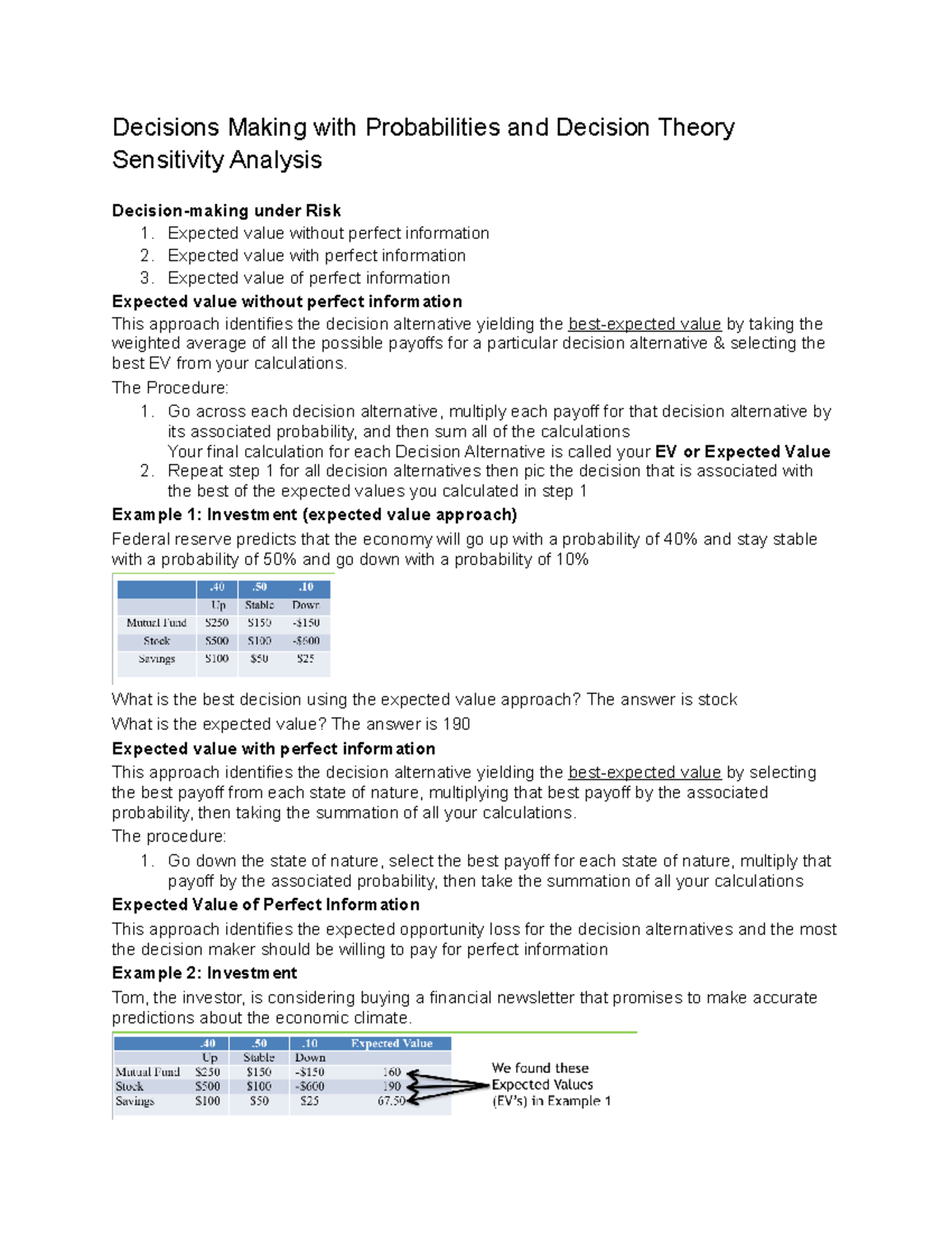 Decision Theory part 2 - Lecture notes with practice examples for QMB ...