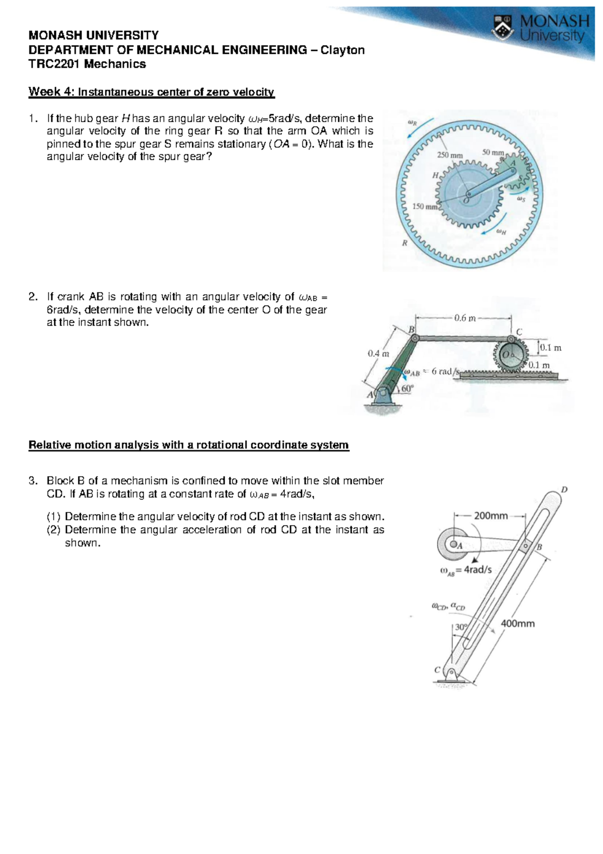 Week 4 Kinematics Of Rigid Bodies - MONASH UNIVERSITY DEPARTMENT OF ...