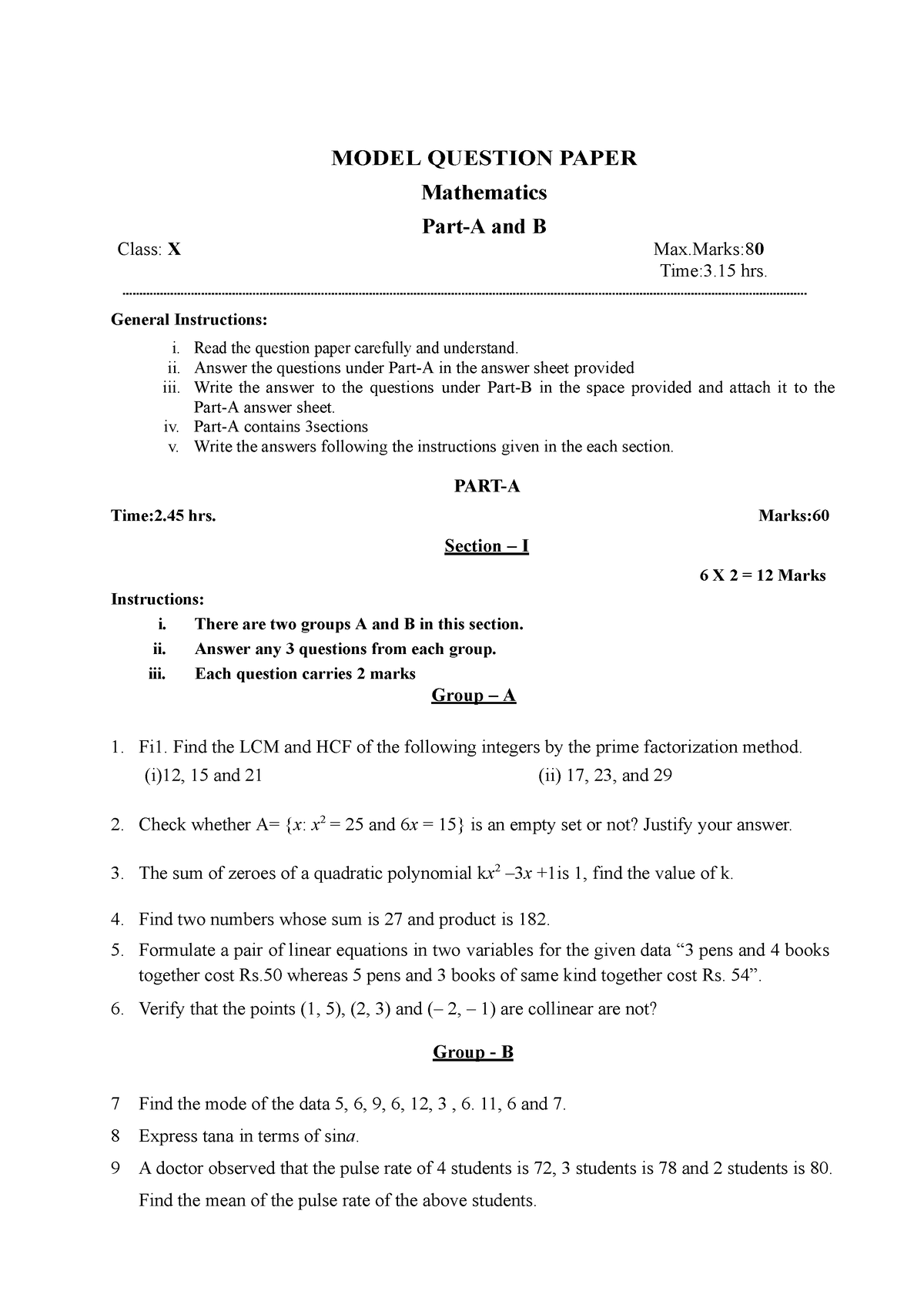 Maths 10 - NOTES - MODEL QUESTION PAPER Mathematics Part-A And B Class ...