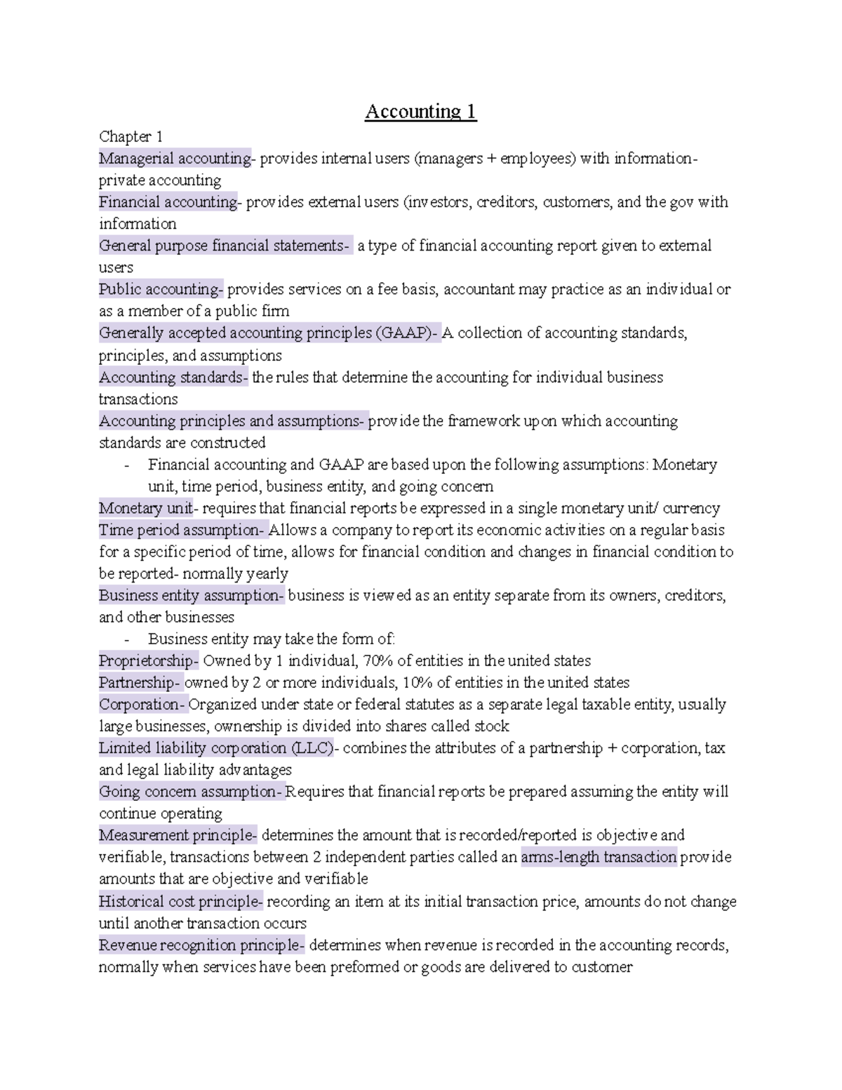 Principles of accounting chapter 1-9 - Accounting 1 Chapter 1 ...
