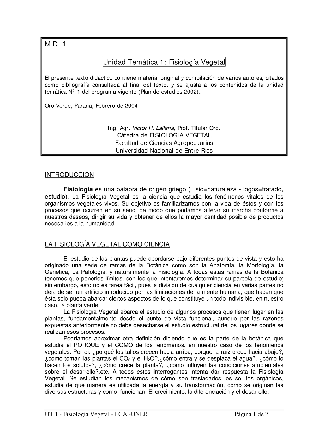 UT1 FV - Resumen Introducción A La Fisiología Vegetal - M. 1 Unidad ...