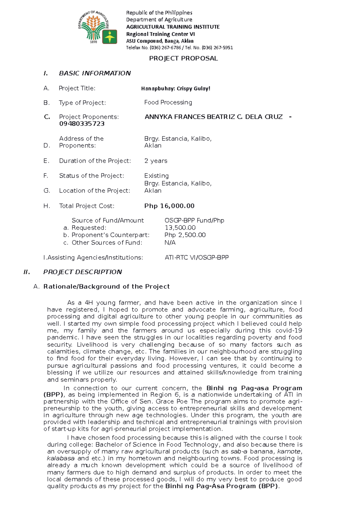 002 Dela Cruz, Annyka Food processing Project Proposal Republic of