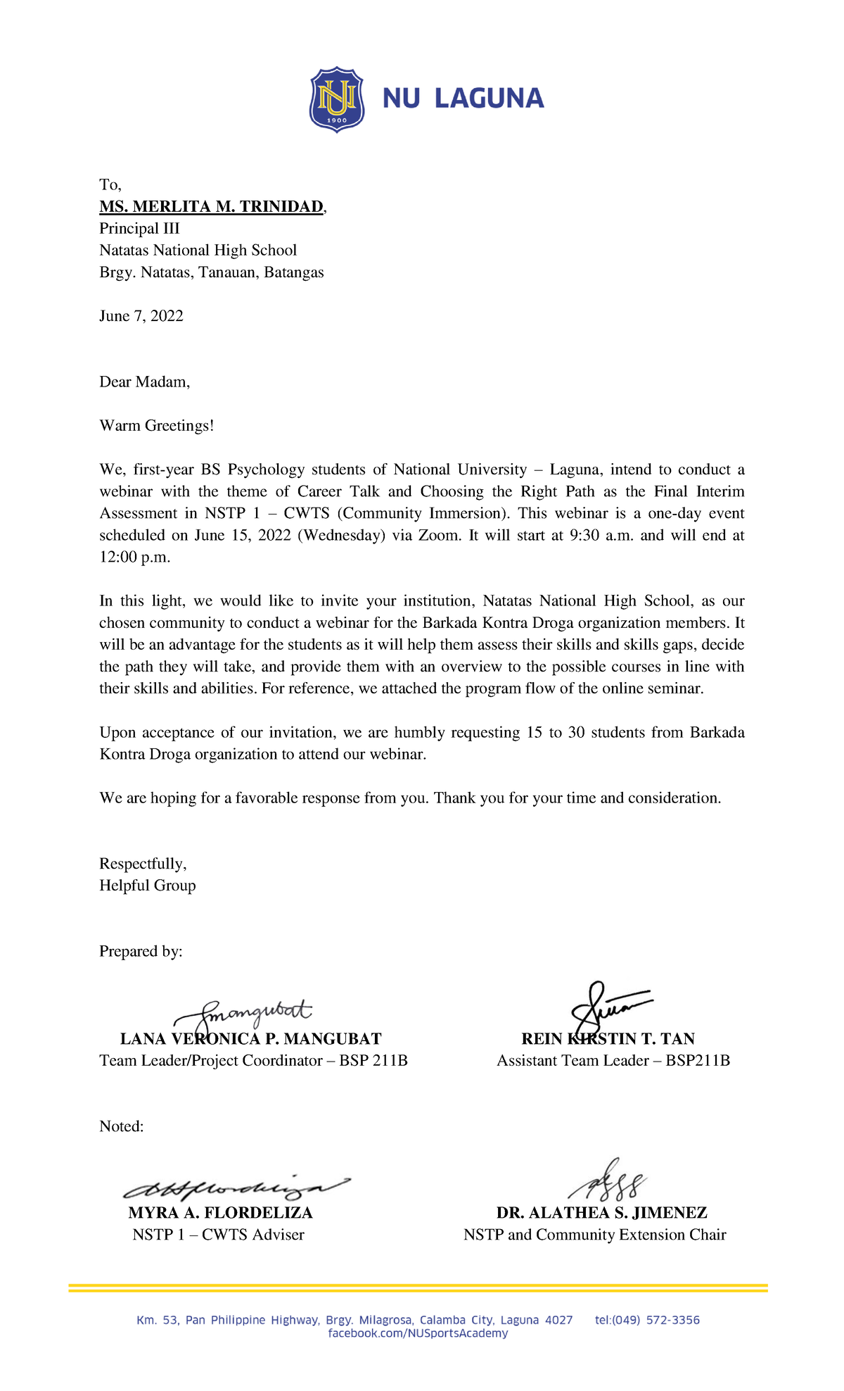 AN- Invitation- Letter - To, MS. MERLITA M. TRINIDAD , Principal III ...