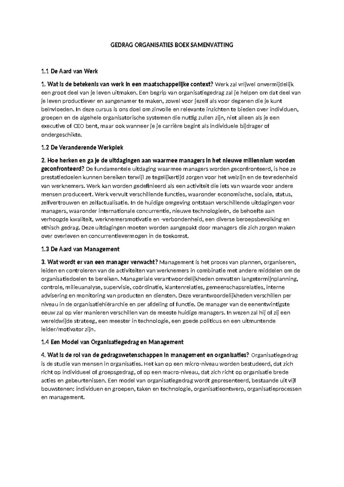 Boek Samenvatting Gedrag - GEDRAG ORGANISATIES BOEK SAMENVATTING 1 De ...