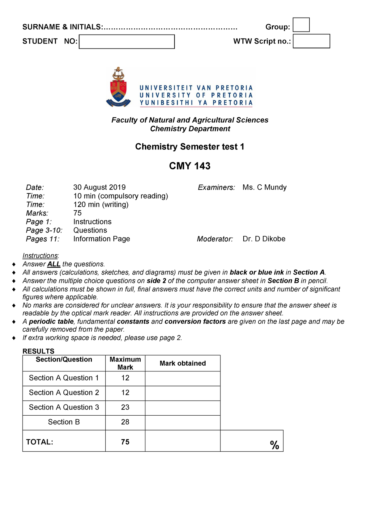 CMY 143 Semester Test 1 30 Aug 2019 - SURNAME & - Studocu