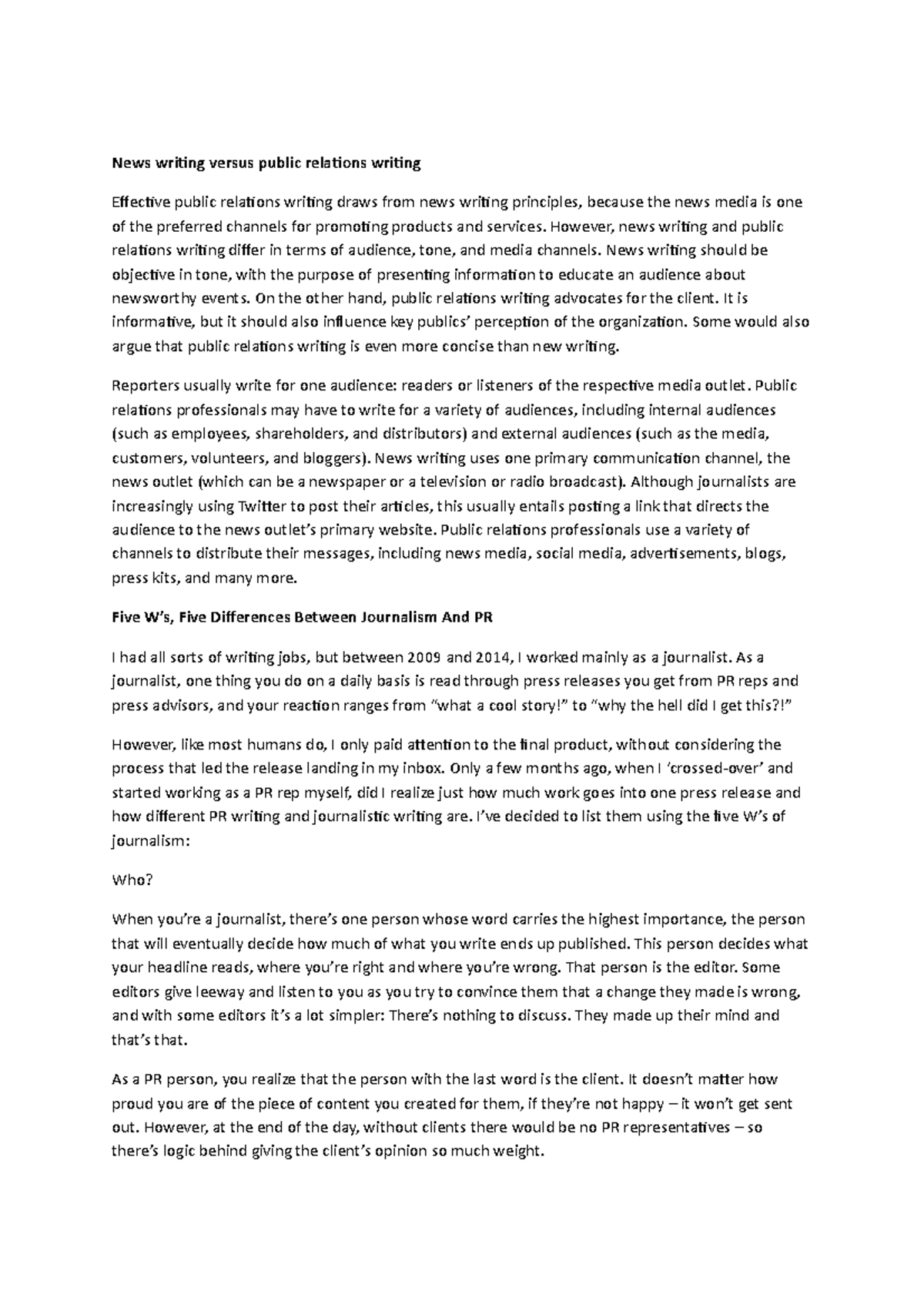 News writing versus public relations writing - News writing versus ...