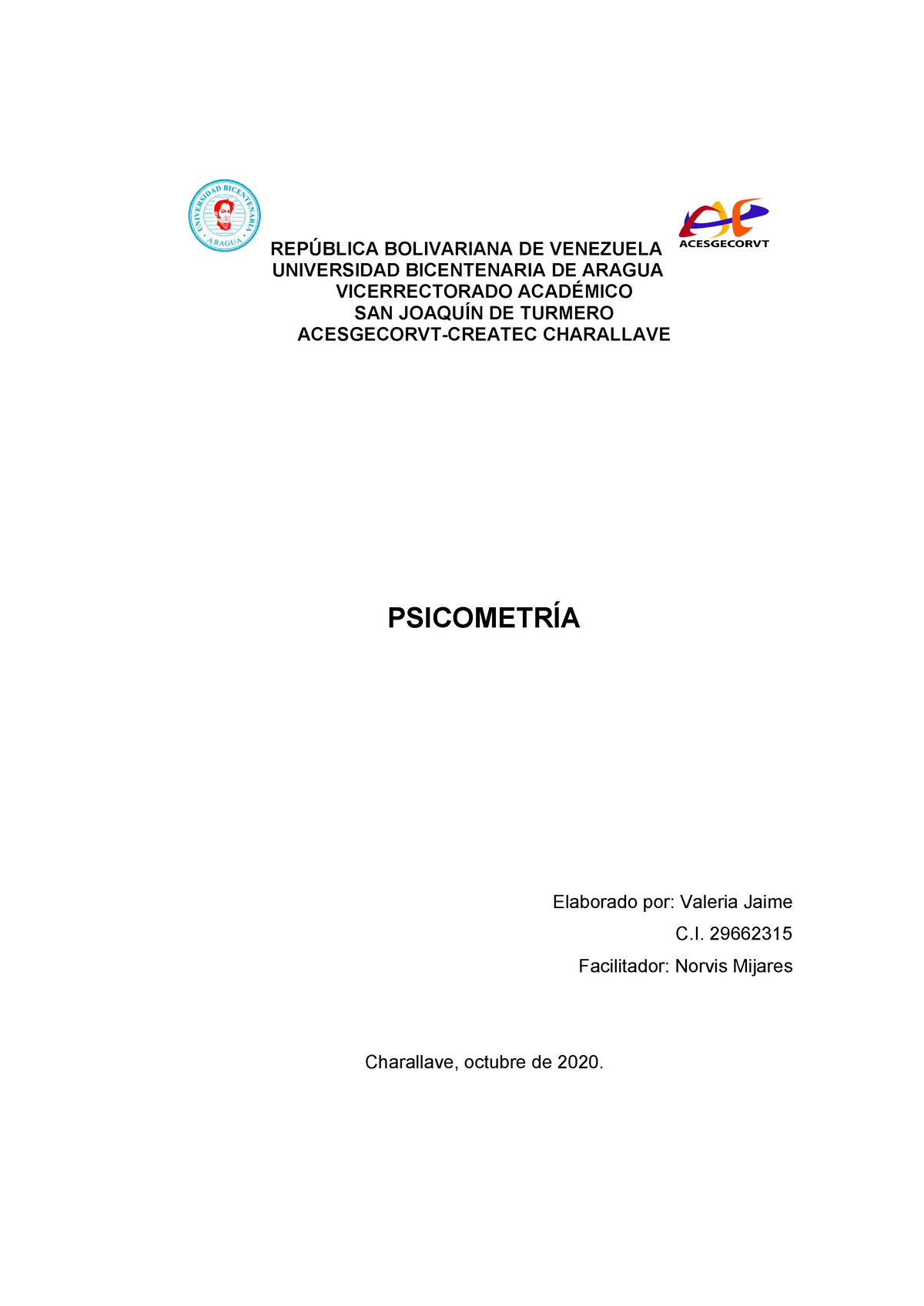 Psicometria RepÚblica Bolivariana De Venezuela Universidad Bicentenaria De 2597