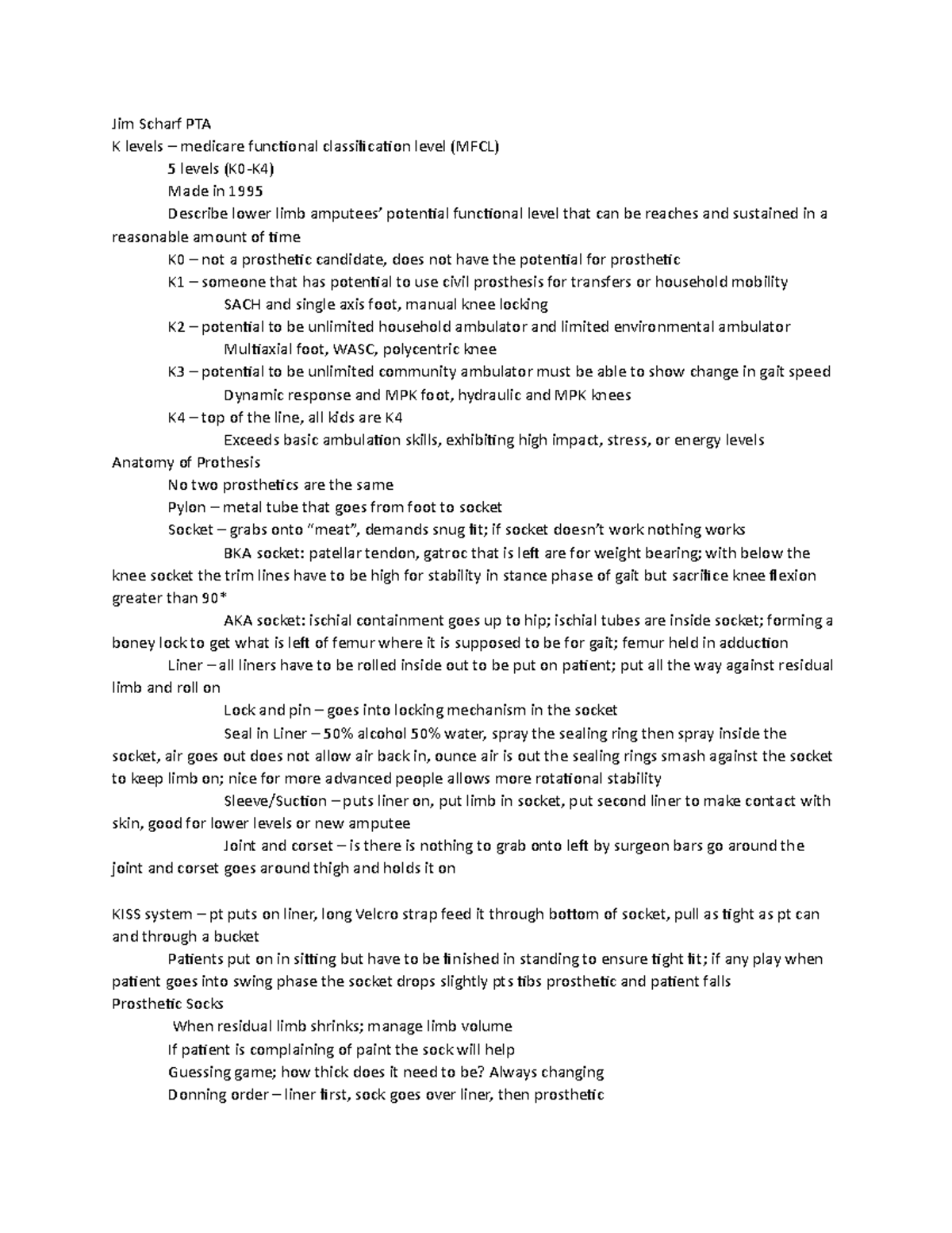 Prothestics Notes Jim Scharf PTA K levels medicare functional classification level (MFCL) 5