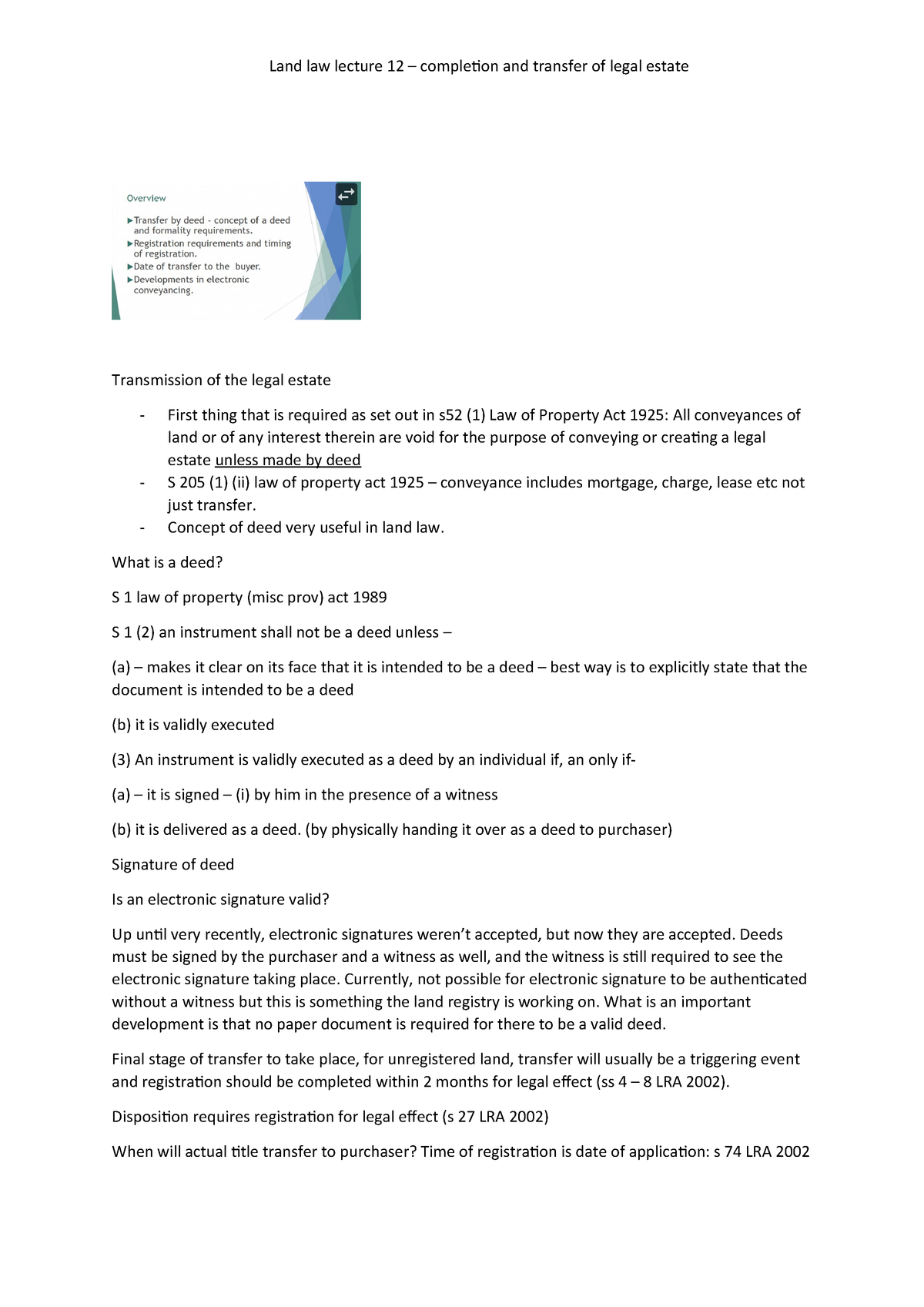 Land Law Lecture 12 Topic 2 Lecture 6 Completion Of Contract And Transfer Of Land Studocu