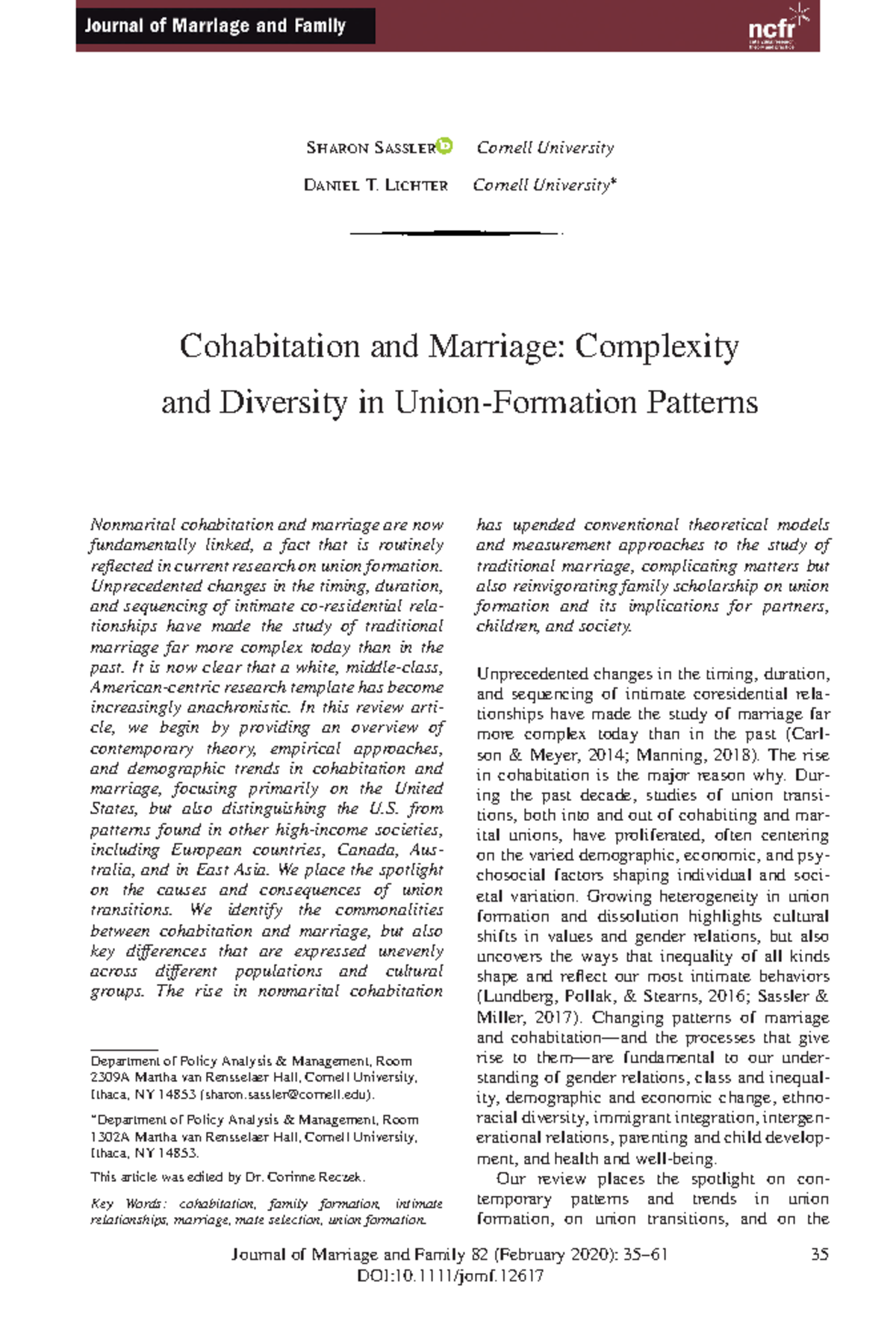 Cohabitation and Marriage Com - S S Cornell University D T. L Cornell ...