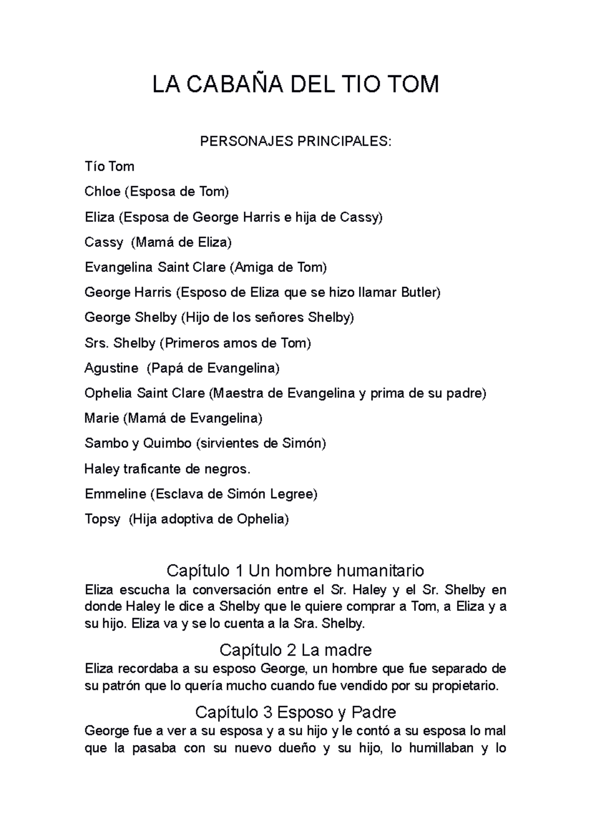 Proyecto cabana del tio Tom Arturo 3 B 1 LA CABAÑA DEL TIO TOM PERSONAJES PRINCIPALES Tío Tom Proyecto cabana del tio Tom Arturo 3 B 1 LA CABAÑA DEL TIO TOM PERSONAJES PRINCIPALES Tío Tom