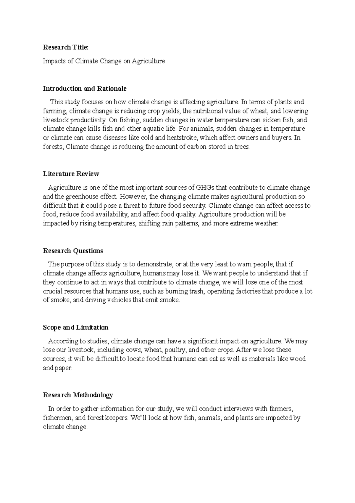 Impacts of Climate Change on Agriculture - Research Title: Impacts of ...