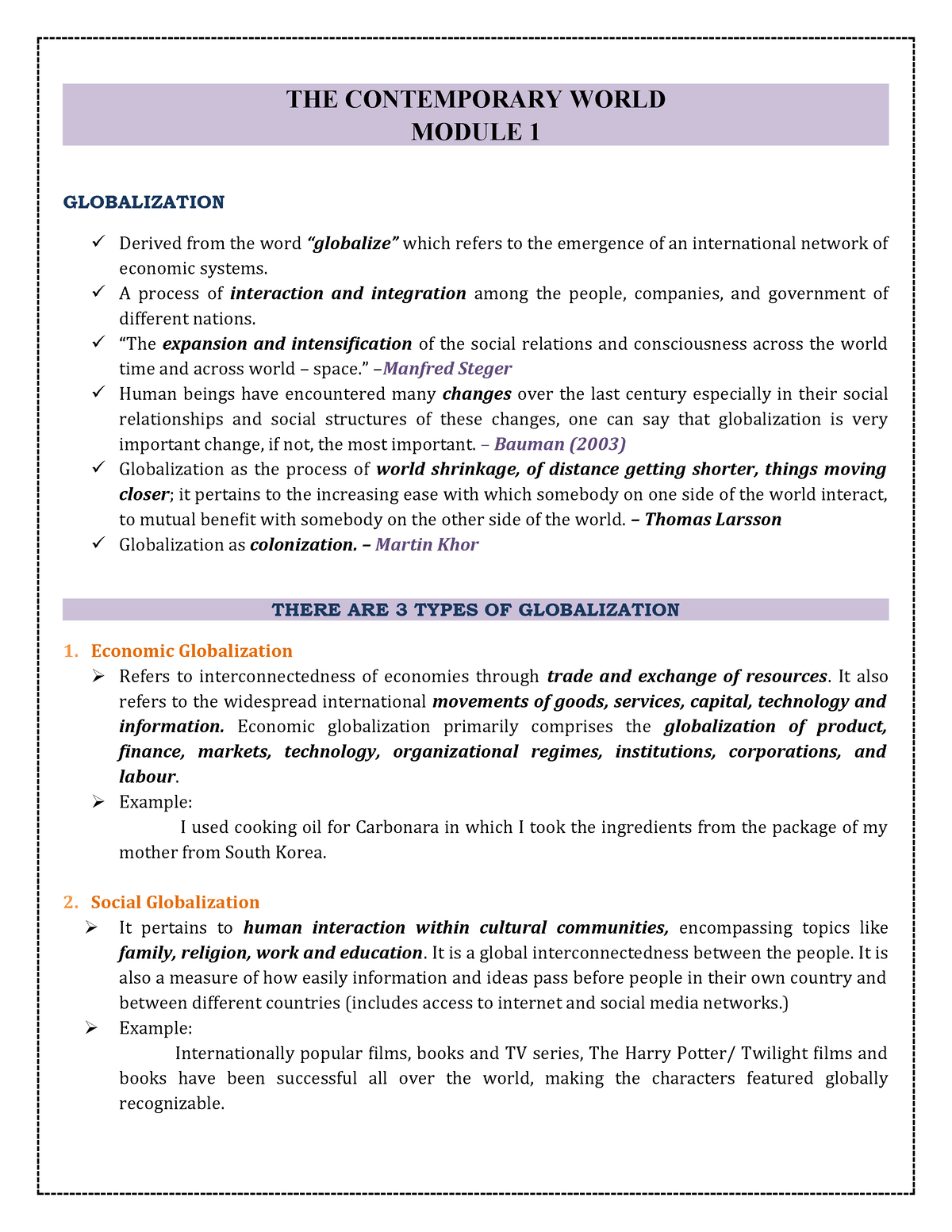 CONW Prelims - REVIEWER - THE CONTEMPORARY WORLD MODULE 1 GLOBALIZATION ...