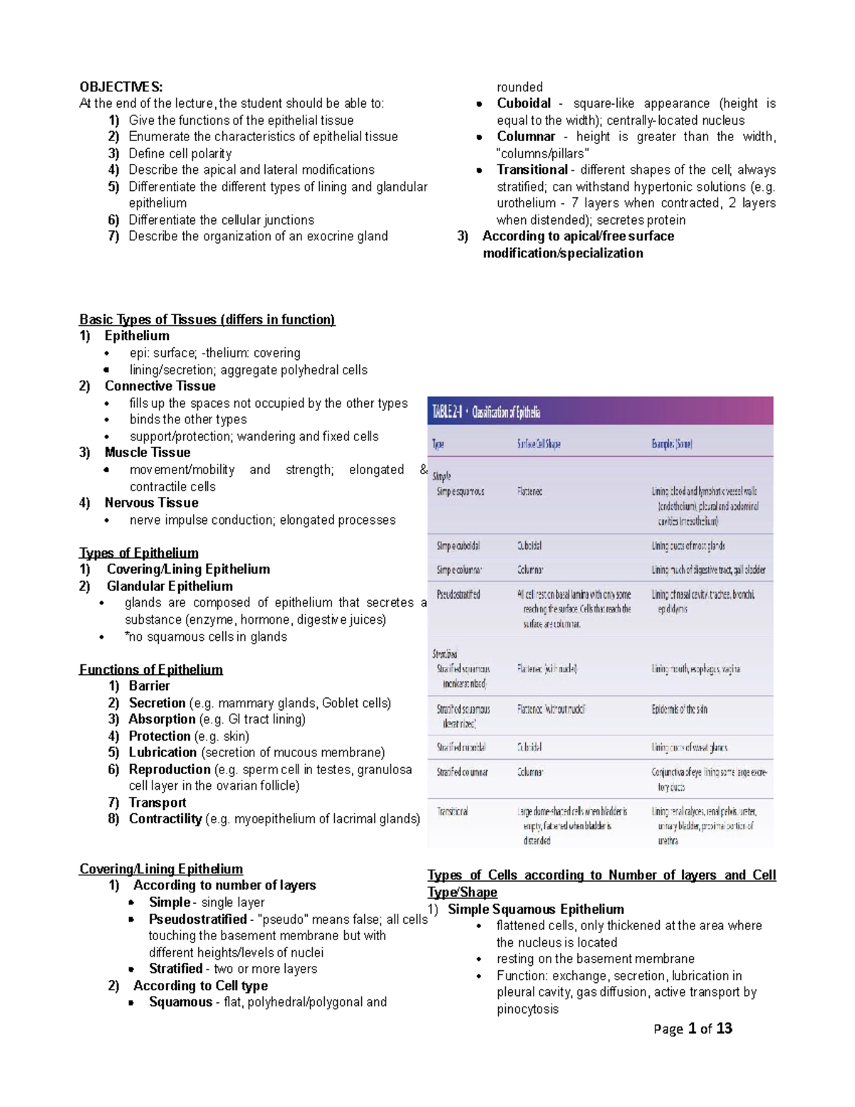 Epithelium and Glands Handout - OBJECTIVES: At the end of the lecture ...