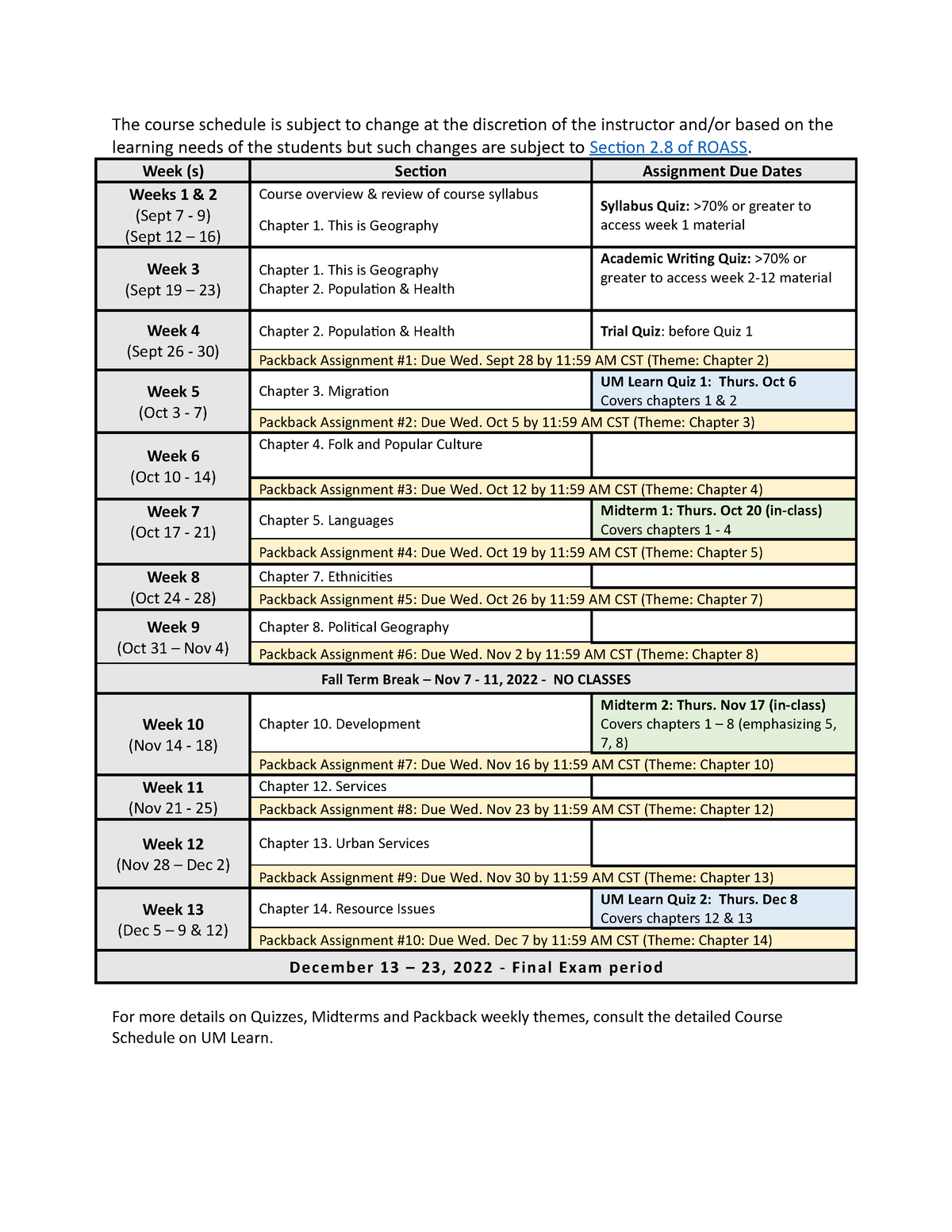 Downloadable 1280 A01 Course Schedule (F2022) - The course schedule is ...