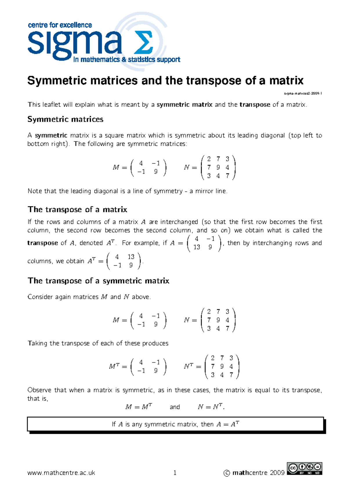 Symmetric matrices and the transpose of a matrix - Symmetric matrices A ...
