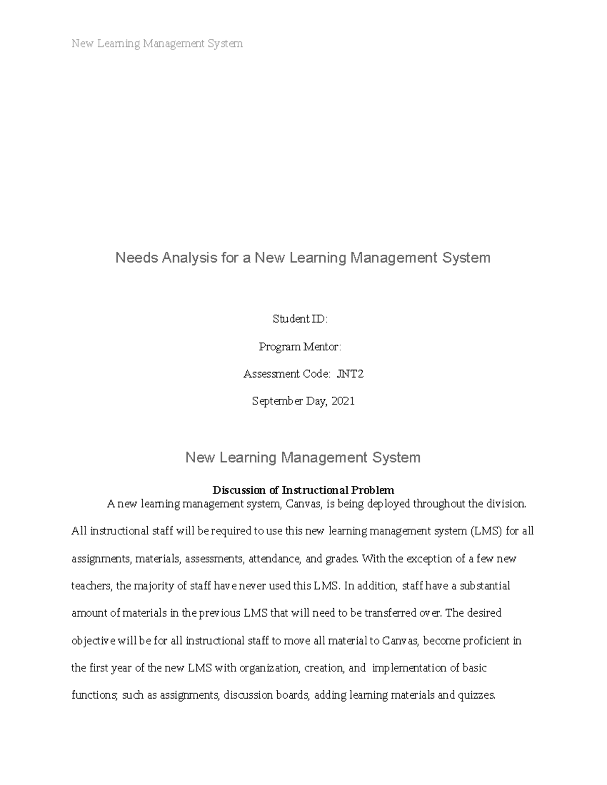 JNT2 Needs Analysis - Needs Analysis for a New Learning Management ...