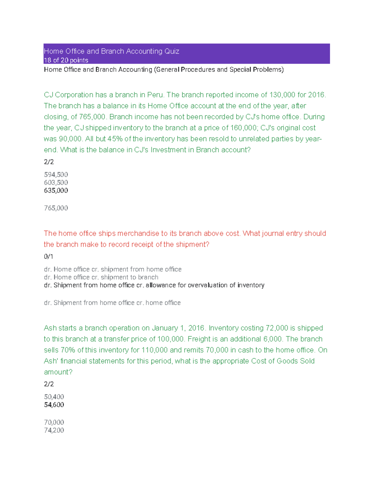 Home Office and Branch Accounting Quiz - The branch reported income of ...