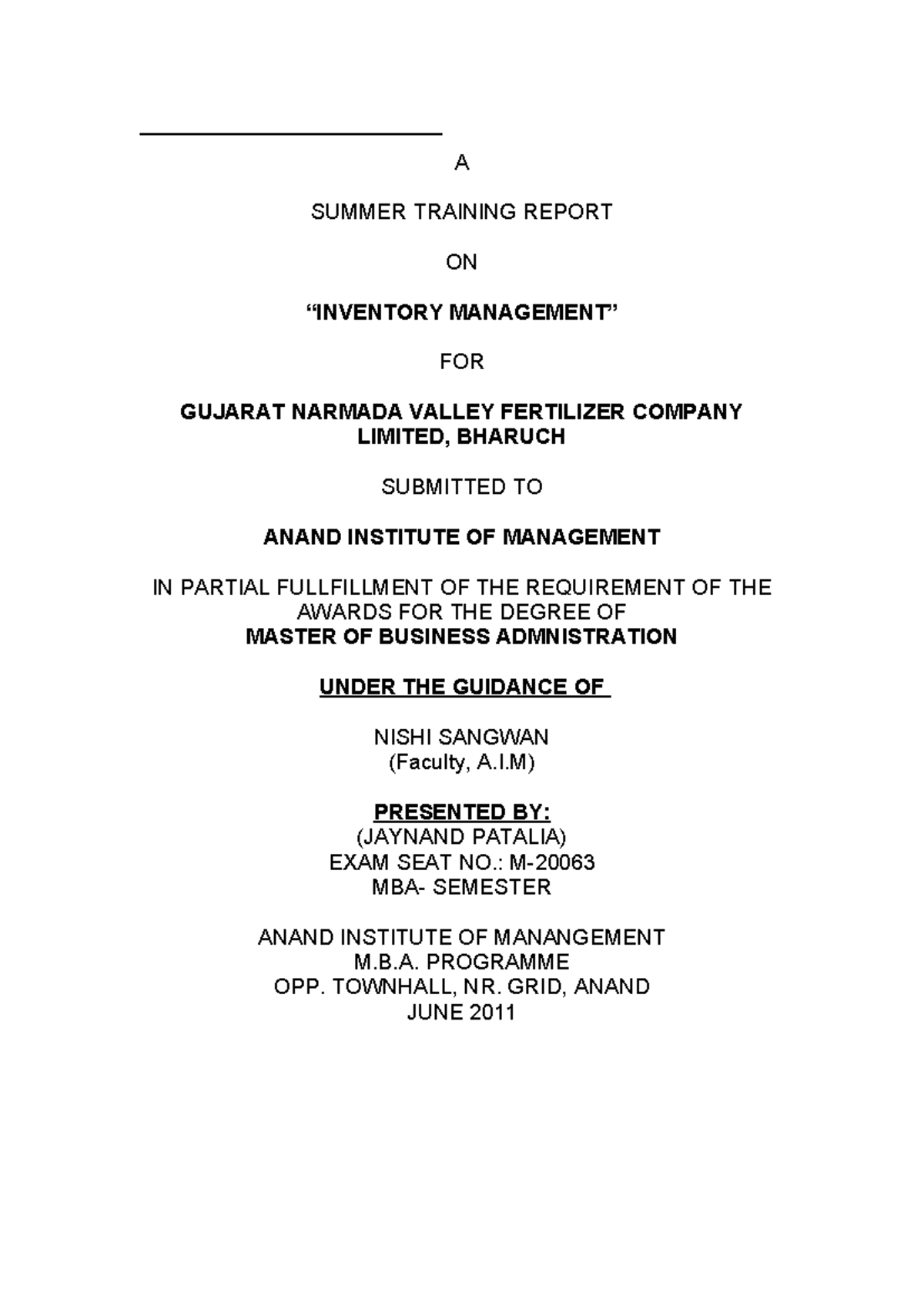 94971356 Project Report on Inventory Mngmt - A SUMMER TRAINING REPORT ...