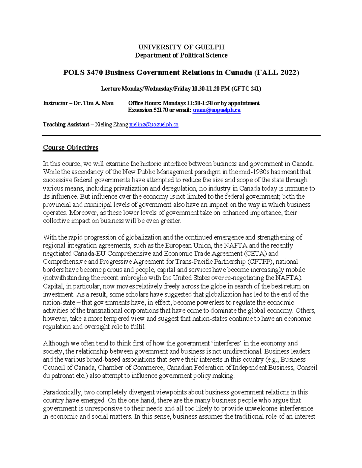 POLS3470F22Outline - Course outline - UNIVERSITY OF GUELPH Department ...