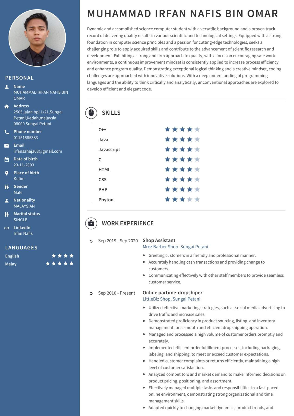 CV Example - Diploma in Computer Science - Studocu