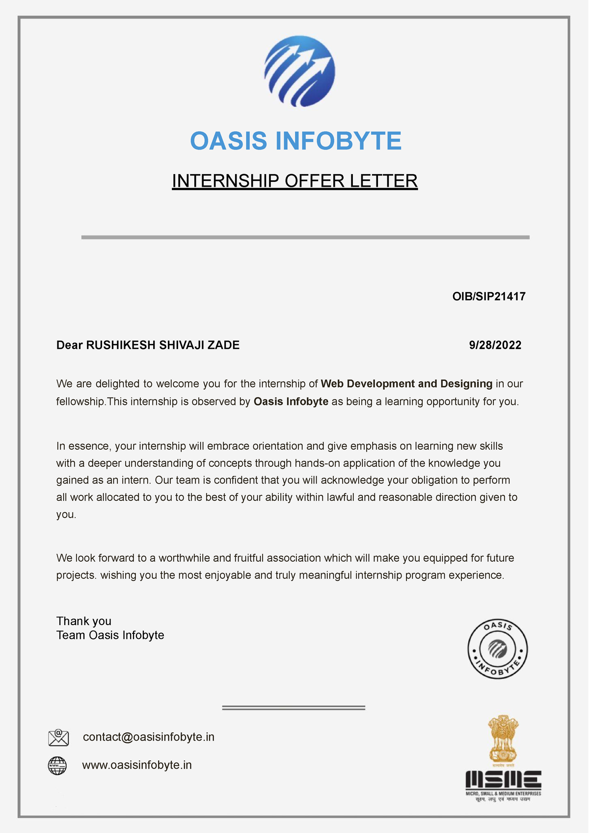 OIB SIP21417 Offer Letter - OASIS INFOBYTE INTERNSHIP OFFER LETTER OIB ...