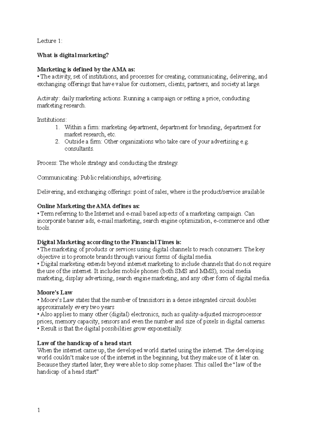 Summary Lectures DMA Lecture 1 What Is Digital Marketing Marketing
