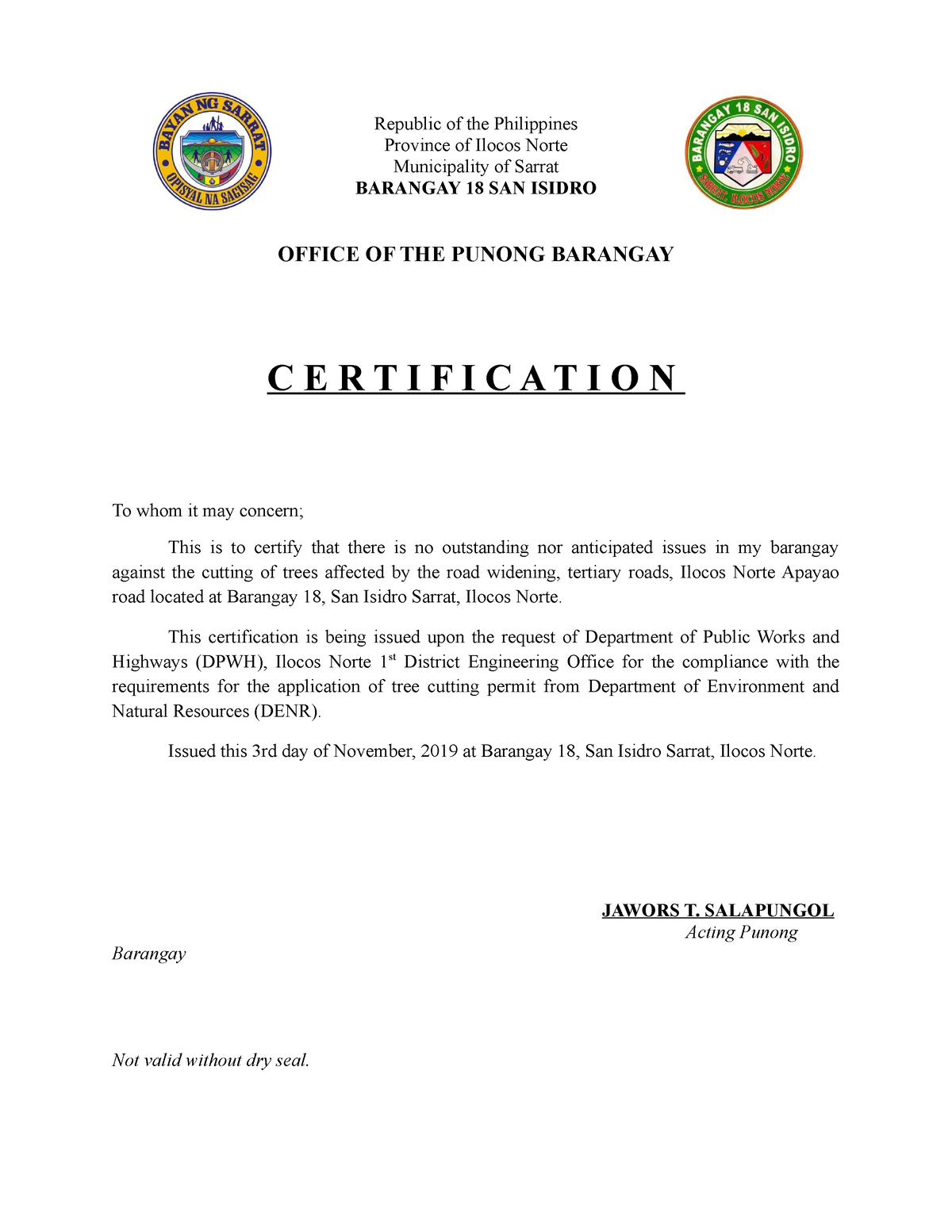 Certification-no cutting trees issue DPWH - Republic of the Philippines