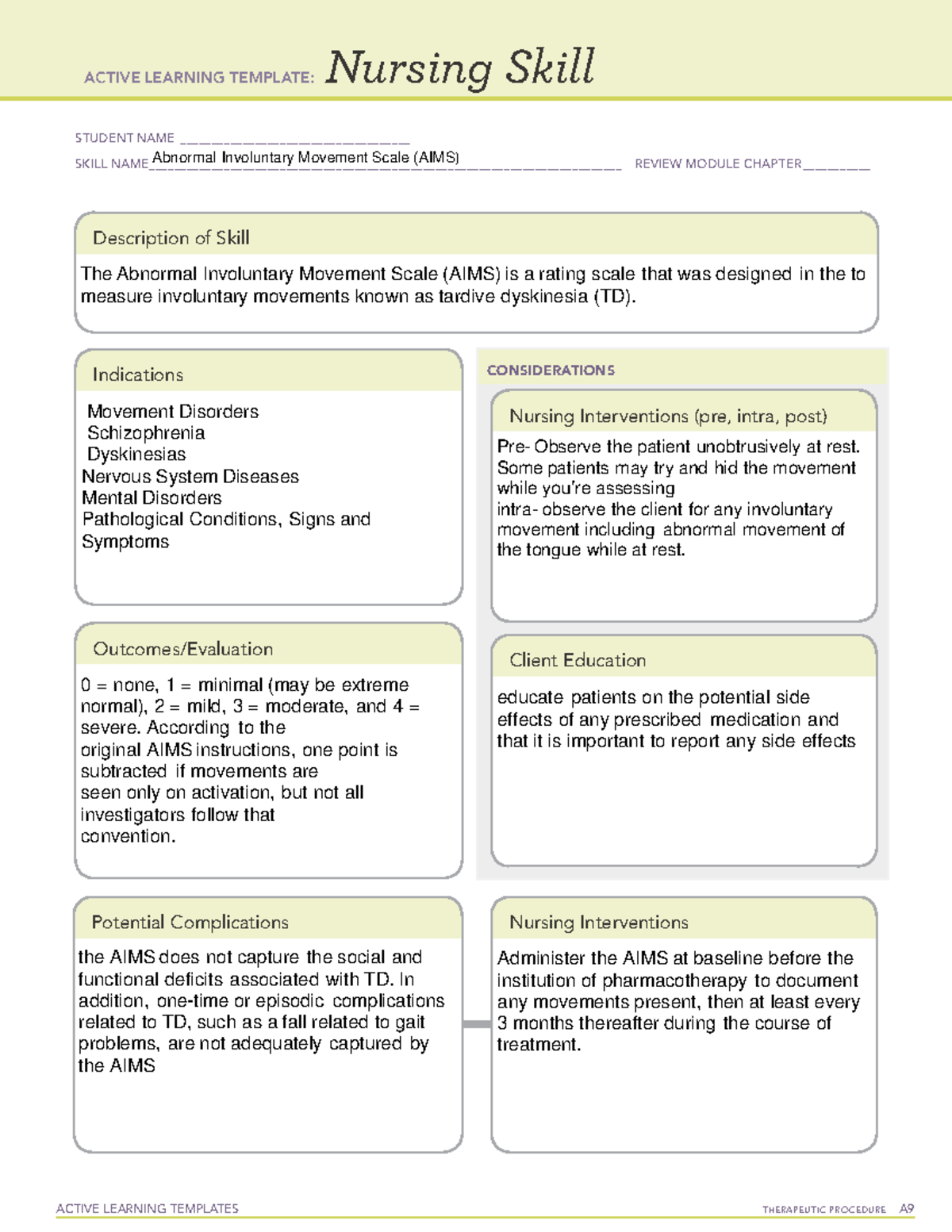 Aims - Mental Health - Active Learning Templates Therapeutic Procedure 