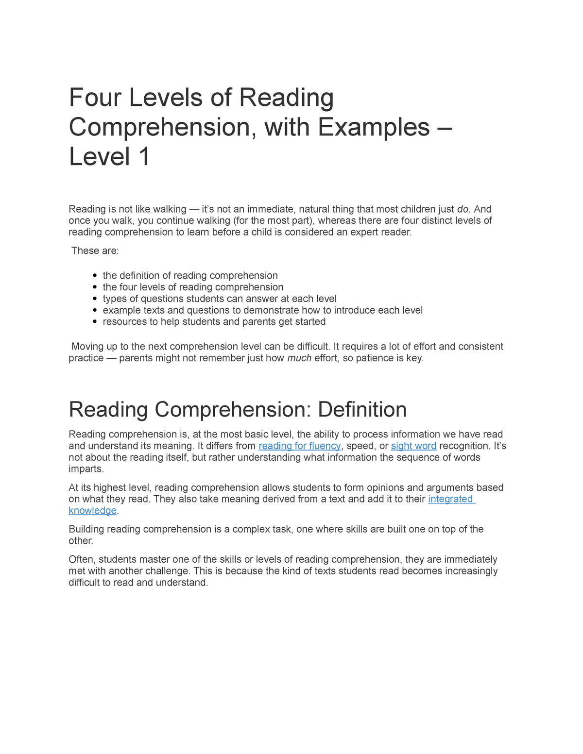 research about reading comprehension level
