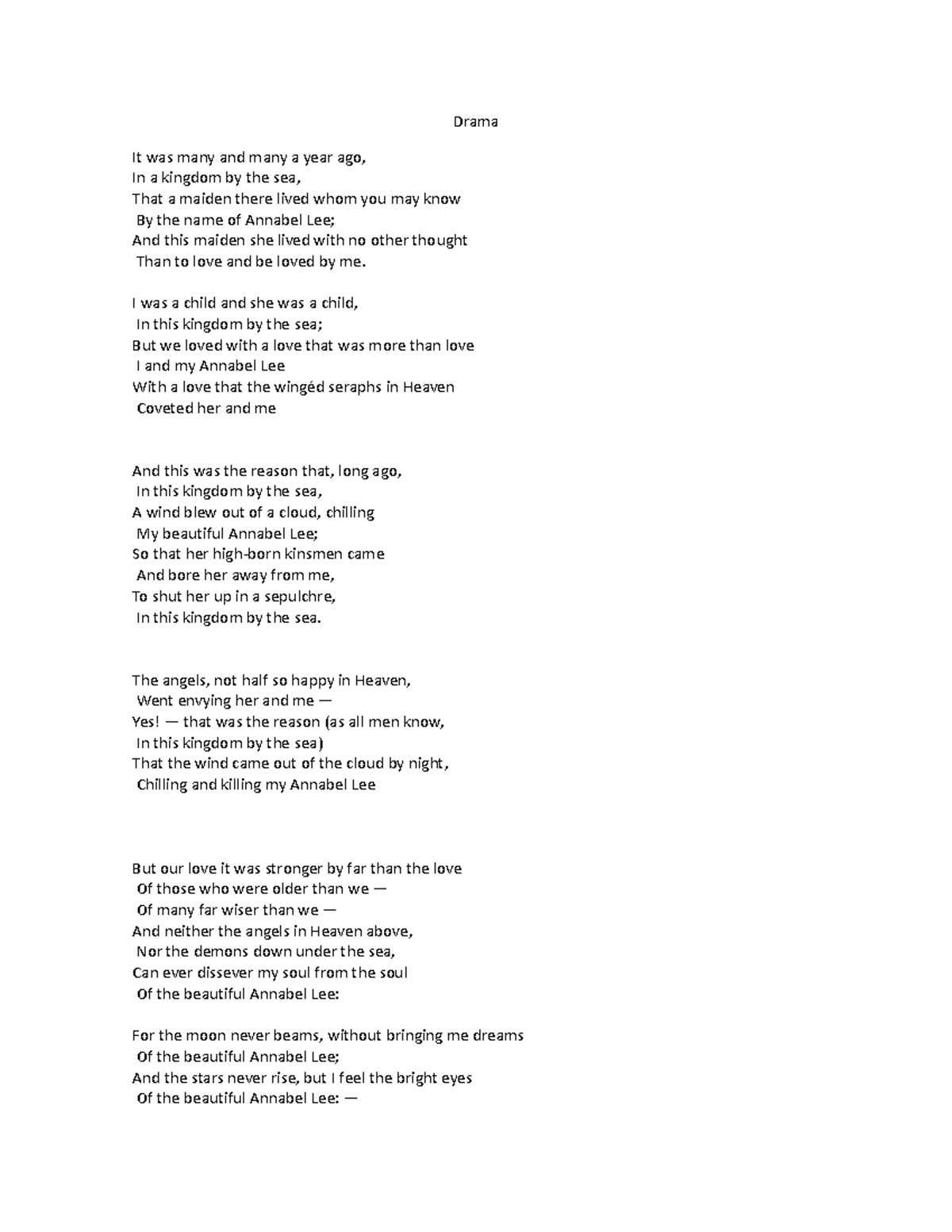 Annabel Lee - Poema Anabell Lee - Drama It was many and many a year ago ...