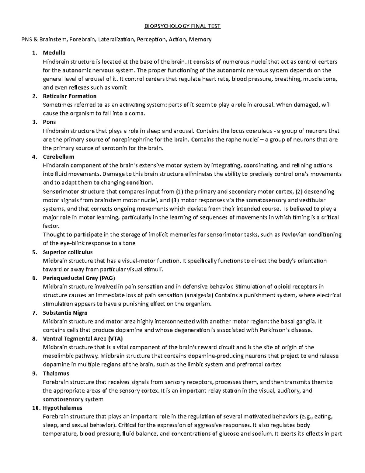 Biopsych final test review - BIOPSYCHOLOGY FINAL TEST PNS & Brainstem ...