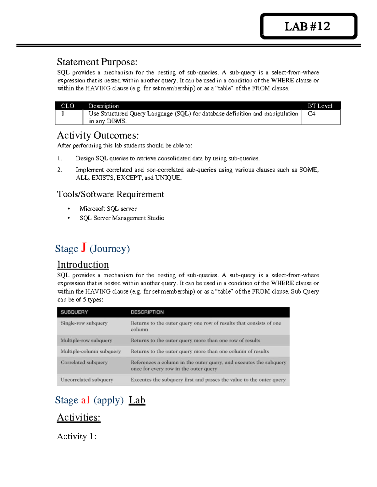 Lab 13,14 - Subqueries - Statement Purpose: SQL provides a mechanism ...